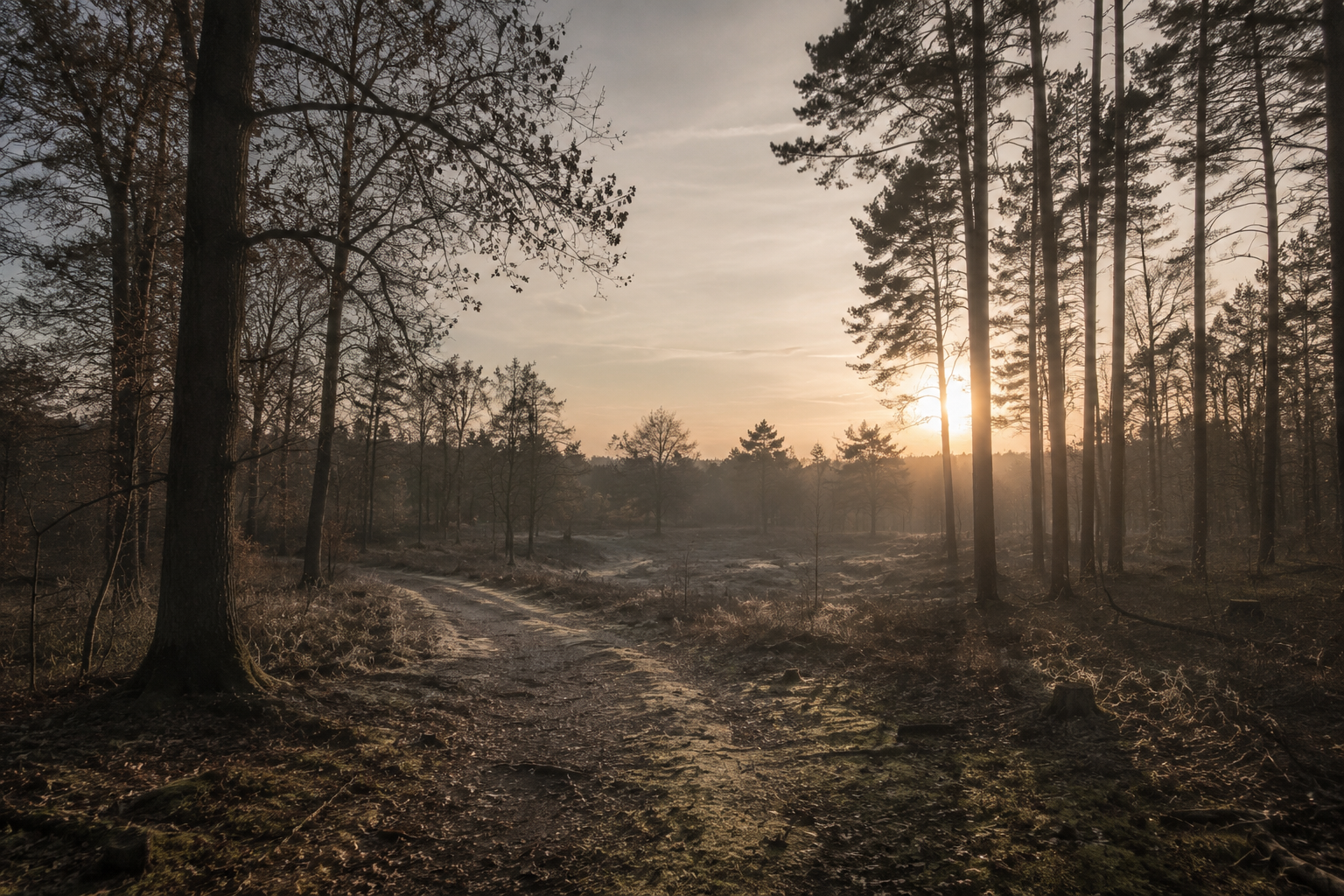 Bospad bij zonsopgang